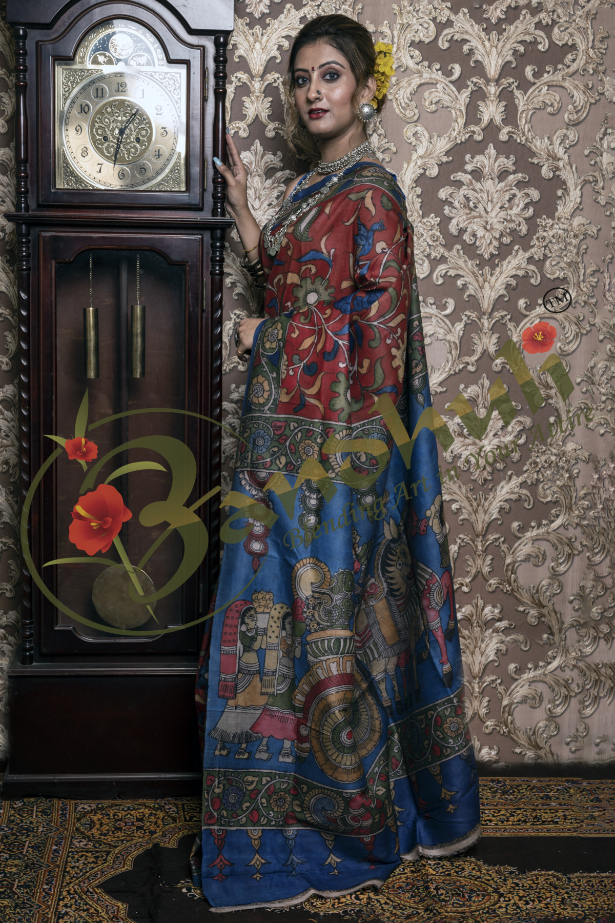Madder Red & Aqua Blue combination Floral & Figure Motif Organic Dye Kalamkari Saree